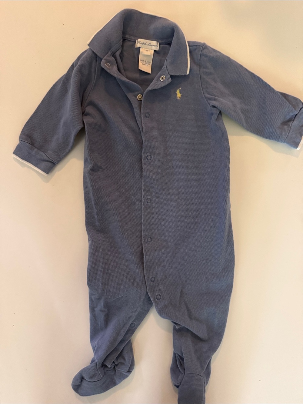 Ralph Lauren Light Blue Footed Baby One-Piece with Polo Logo